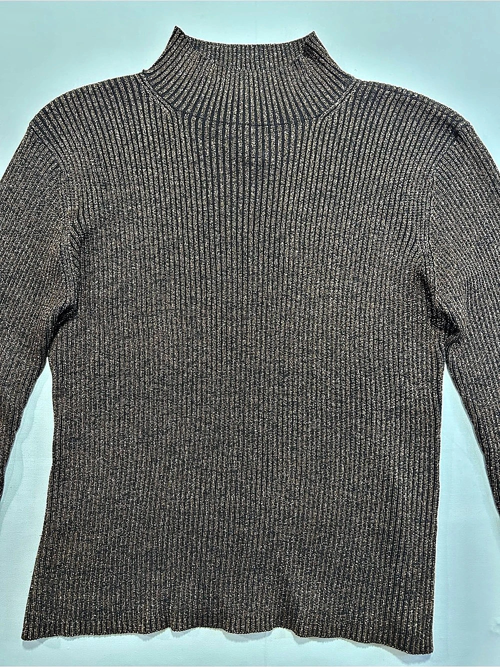 Joseph A. Silk Metallic Ribbed Mock Neck Long Sleeve Sweater. Silk Metallic